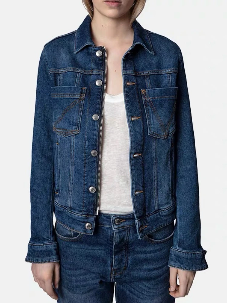 

2022 New Zadi Electric Guitar Embroidered Casual Single Breasted Jacket Women Denim Blue Jacket
