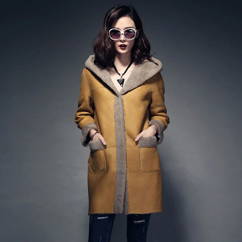 Winter Female 200 kg Hooded PU Leather Women Medium Long Imitation Fur One Coat Fur Shearling Slim Jacket  Women Stitching Coat