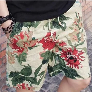 Summer Men Linen Beach Printing Shorts