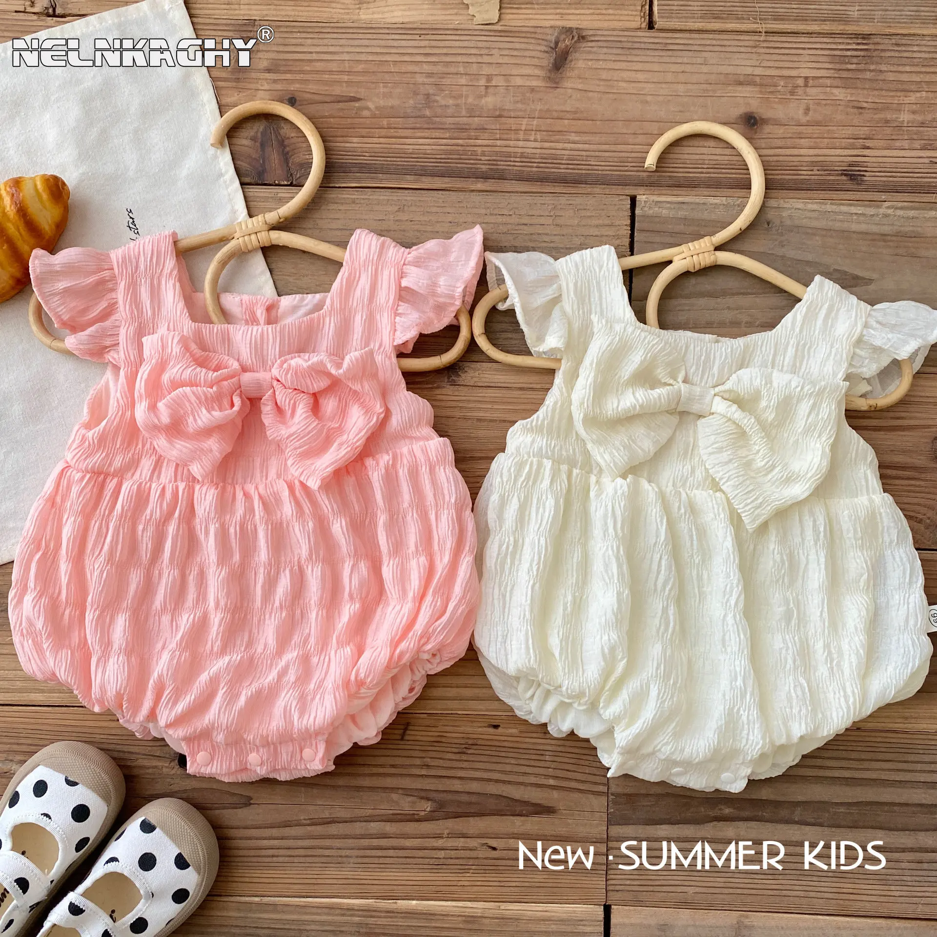 

Summer New In Newborn Baby Girls Fly Sleeve Bow Bud Cotton Outwear Infant Kids Princess Cute Clothing One-pieces Bodysuits 유아복