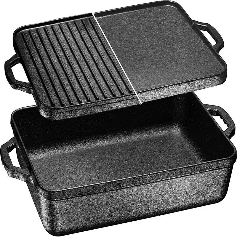 

3-In-1 Pre-Seasoned Cast Iron Rectangle Pan With With Reversible