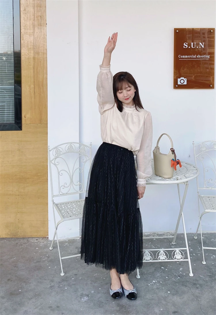 

Spring New Products High Waist Skirt Elastic Waist Mesh Pleated Skirt Two Piece Set Of Metal Wire Decoration Splicing Design