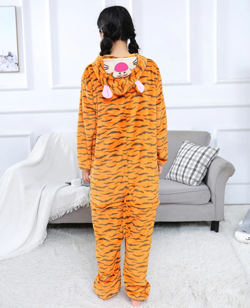 New Tiger Sleepwear Cute Animal Cartoon Flannel Pajamas Set for Women Long Sleeve Loungewear Halloween Cosplay Jumpsuit Homewear
