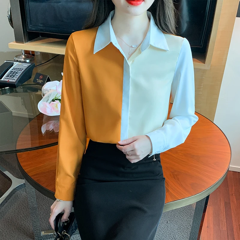 

2023 Summer New Shirt Women Bloom Long Sleeved Satin Surface Splicing Lapel Collar Korean Fashion Loose Top