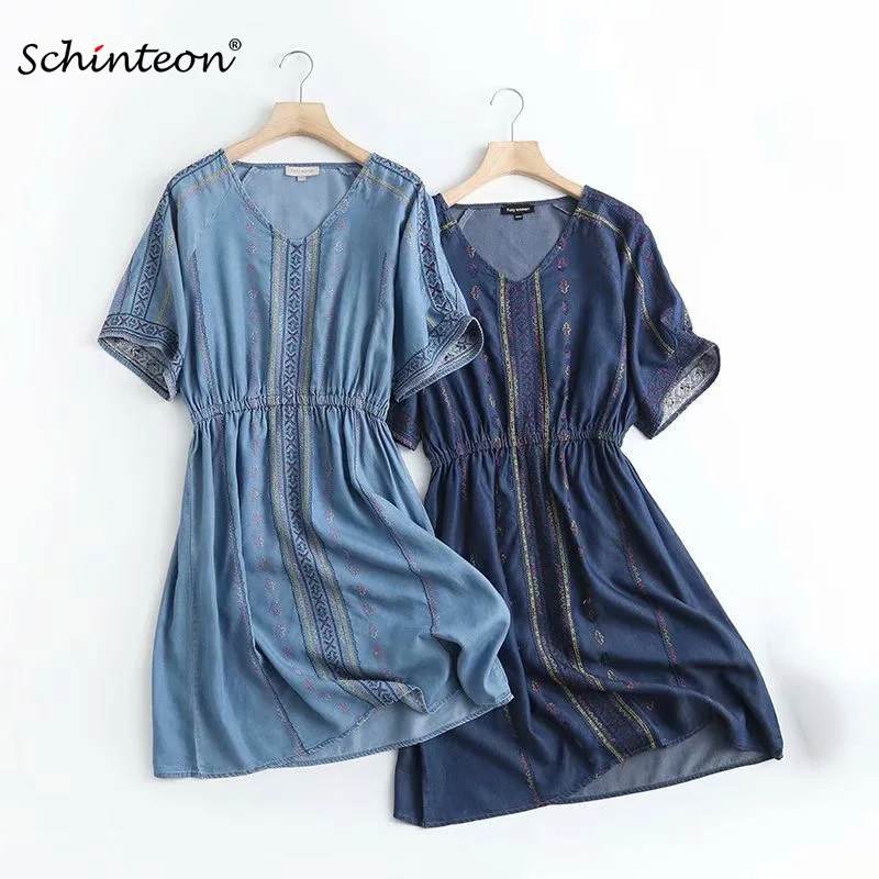 

Schinteon Women Thin Denim Embroidery Dress Soft Jeans Bohemia A-lined Beach V-Neck Collar Dresses 2022 Spring Summer New