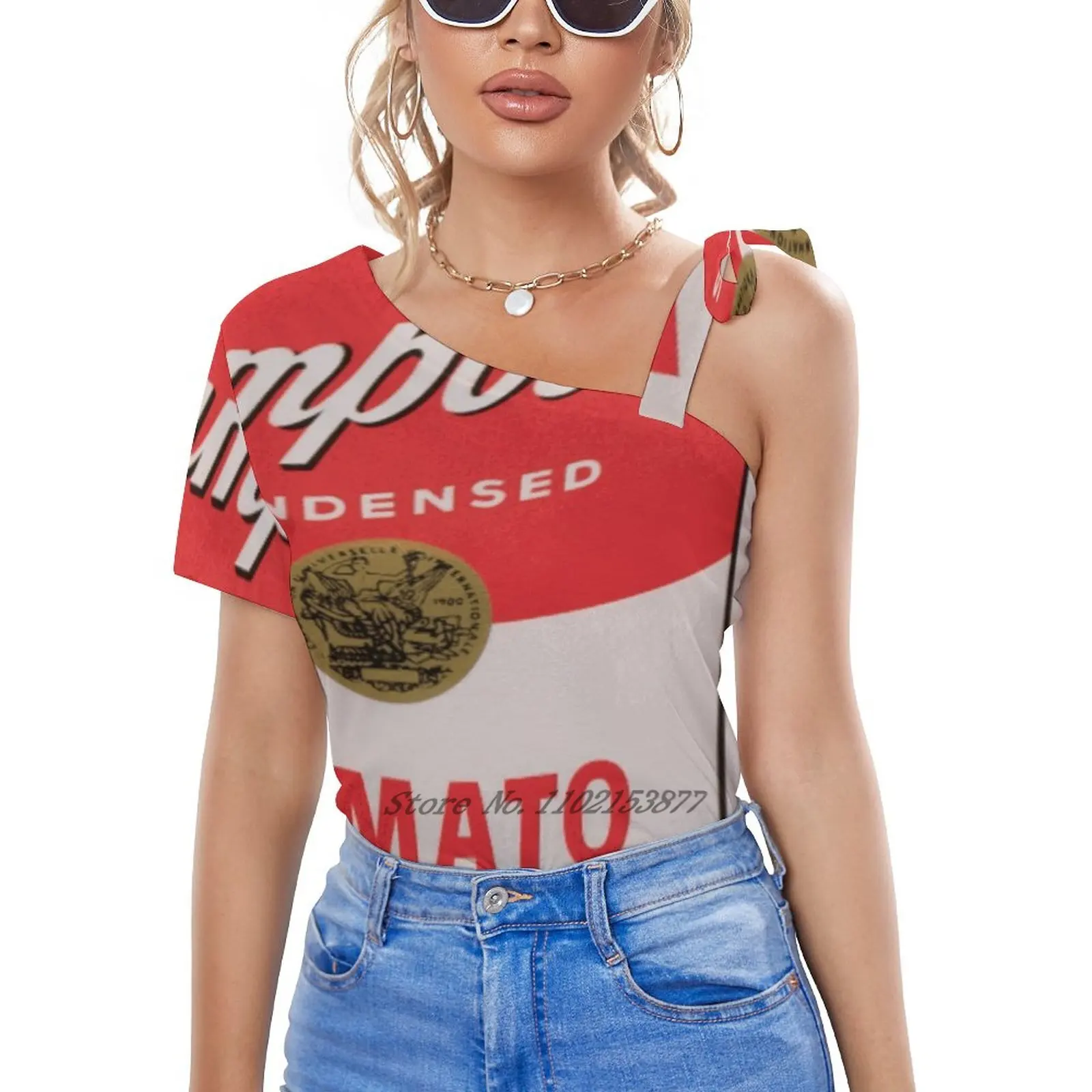 Tomato Soup Print Women'S T-Shirt Casual Short Sleeved Tops V-Neck Zipper Tee Ladies Loose T Shirts Andy Andrew Warhol Campbell images - 6