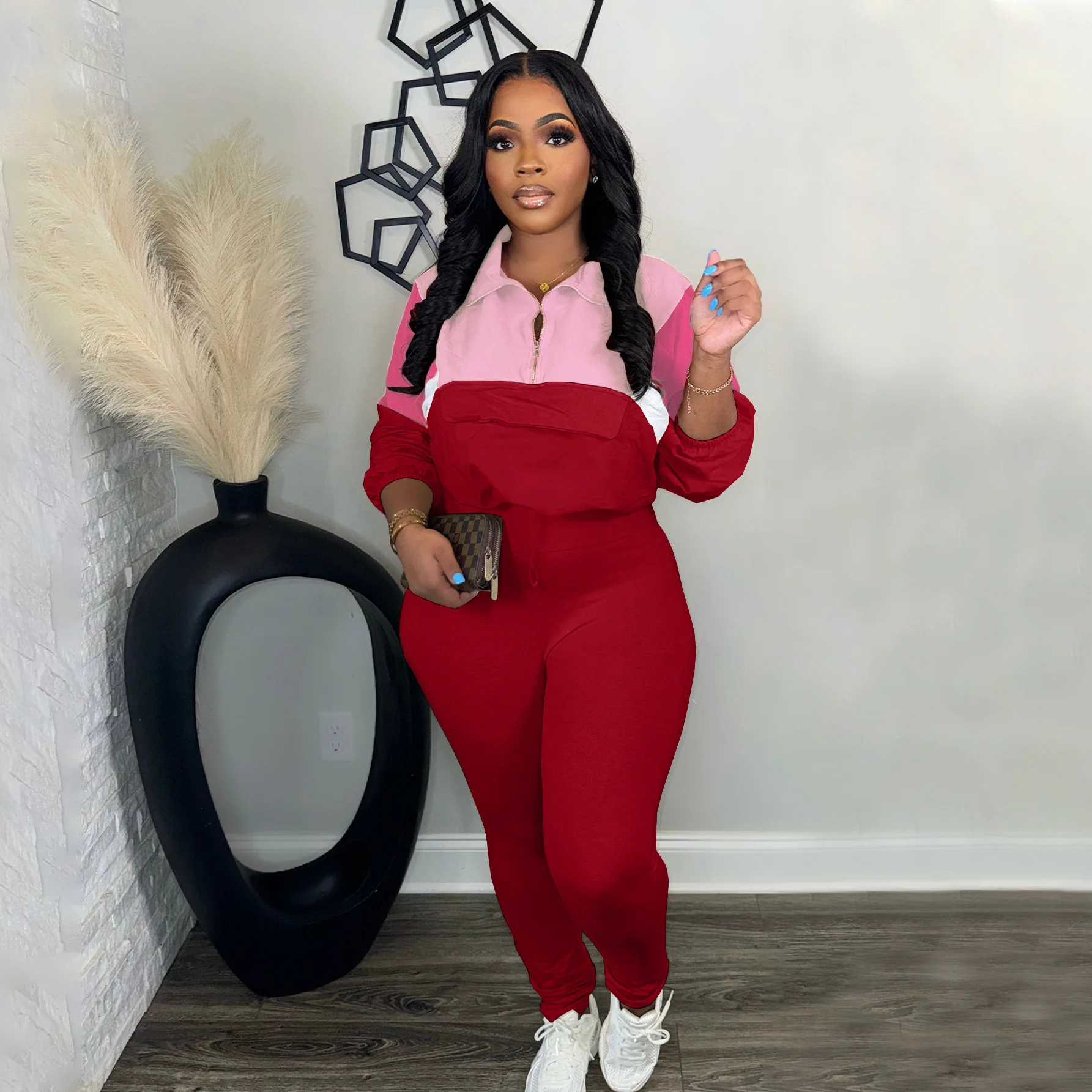 Женский спортивный костюм Осенний укороченный топ контрастных цветов свитшот и