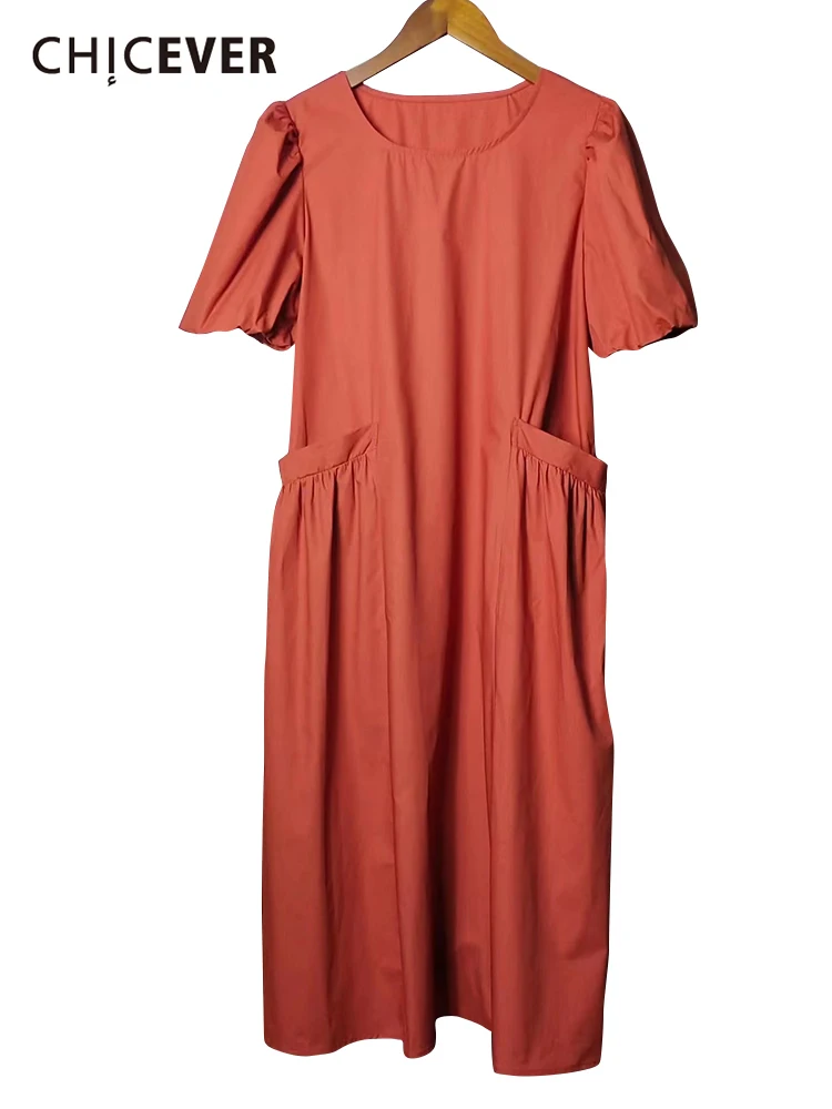 

CHICEVER Casual Solid Dress For Women Round Neck Short Puff Sleeve Patchwork Pockets Korean Fashion Dresses Female 2022 Clothing