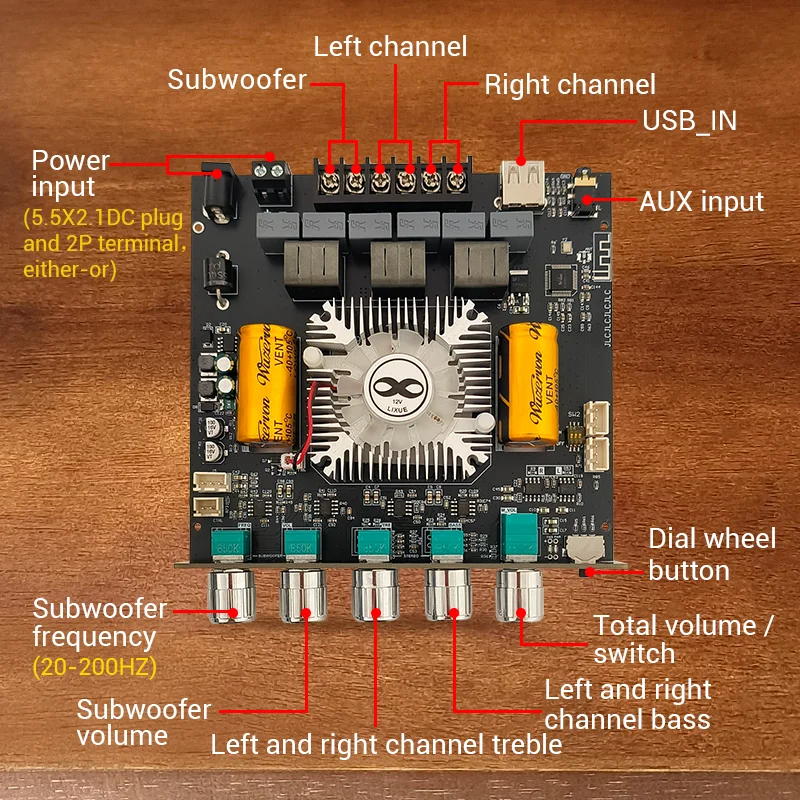 Фото ZK-AS21 2G AAC Декодирующий 2.1-канальный аудиомодуль усилителя TPA3255 с Bluetooth, регулировкой высоких и низких частот, 220Вт +220Вт +350Вт, TWS №3