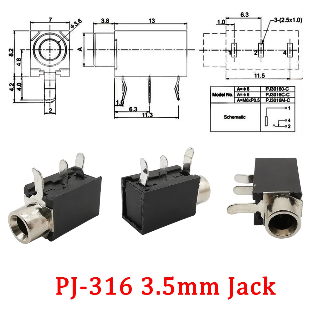 20Pcs Black DIP-3 PCB Mount 3.5 mm Jack PJ316 3Pin Female Headphone Socket Audio Video Cable Terminal Wire Connector 3.5mm - купить по
