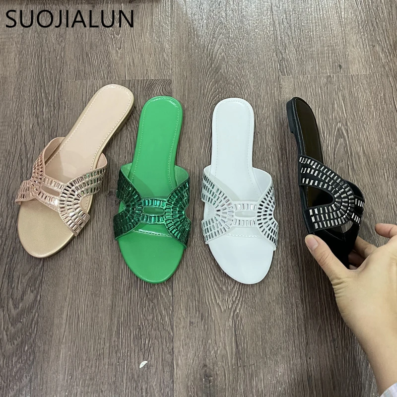 

SUOJIALUN 2023 Summer Flat Heel Women Slipper Fashion Crystal Ladies Casual Slides Open Toe Outdoor Beach Sandal Flip Flop Shoes