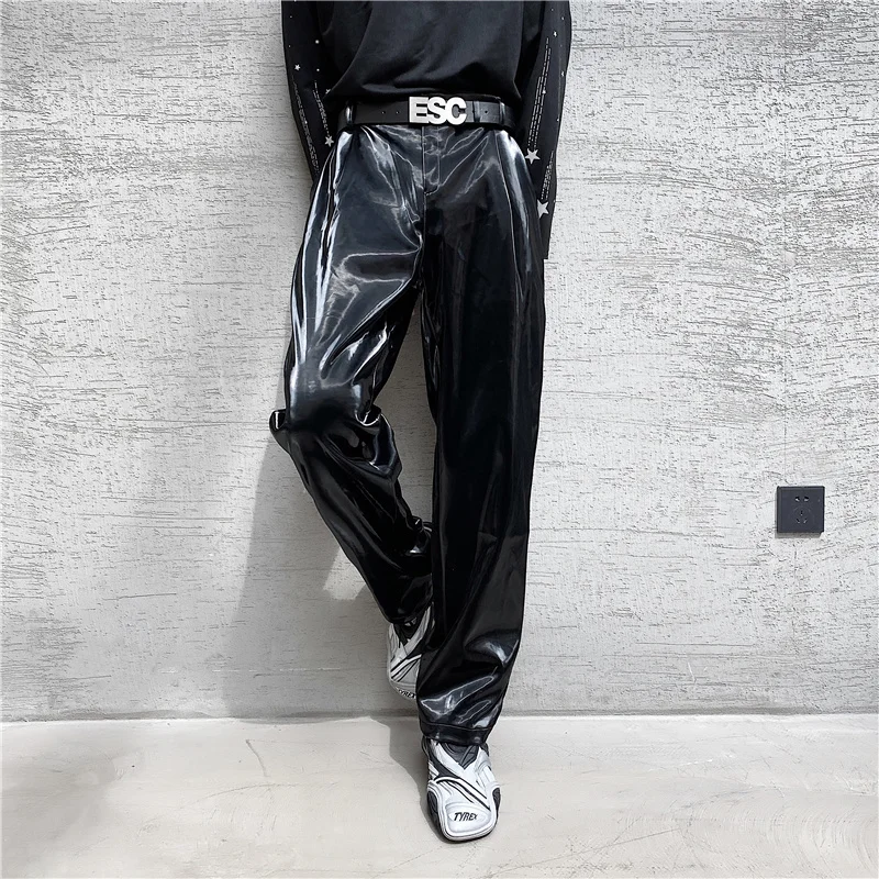 

Shiny Autumn New Men's Leather Trousers Hombre Fashion Straight Motorcycle Black Hip Hop Casual Joggers Male Streetwear Pants