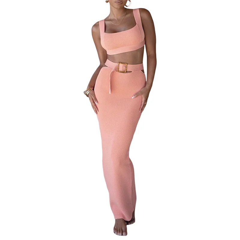 

Ladies Summer Party High Street Skirt Suit Solid Women Knit Ribbed Tube Crop Tops + Cutout Wrapped Skirt Sexy Bodycon Outfits