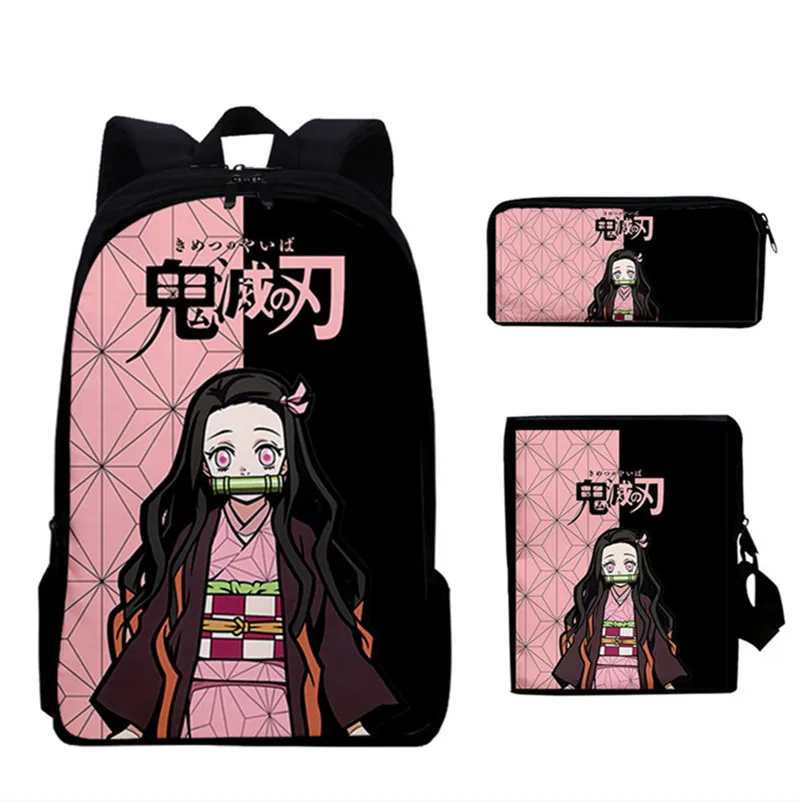 

2023 Students Backpack Anime Demon Slayer Kamado Nezuko School Bag Backpack Satchel Messenger Bag Pen Bag Three Pieces Set Gift