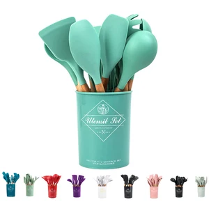 silicone kitchen cooking utensil set with storage box non stick cookware for countertop wooden cook gadgets kitchen utensils free global shipping