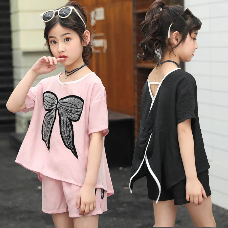 

Girls' summer clothes 2022 new fashion short sleeved Shorts Set middle-aged and older children's fashionable trendy clothes