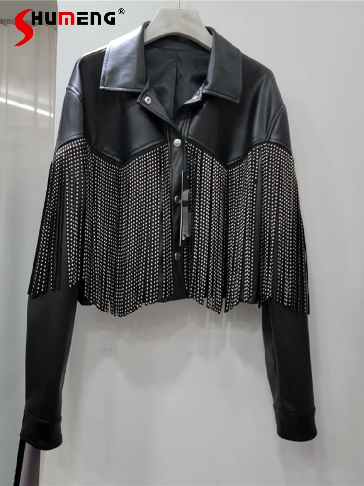 

Женская короткая куртка с кисточками и высокой талией, уличная одежда, Женская Байкерская кожаная куртка в западном стиле из искусственной ...