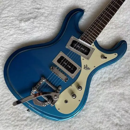 

1966 Venture металлическая синяя электрическая гитара Джонни Рамон Bigs Tremolo мост, черный пикап P90, накладка кремового цвета