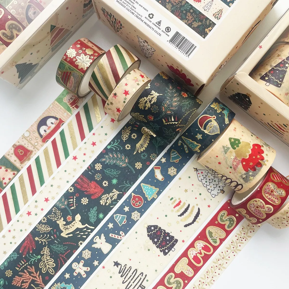 

8 Rolls Christmas Holiday Foil Washi Tape Set with Snowflake Tree Deer Striped for Journaling Christmas Xmas Decoration