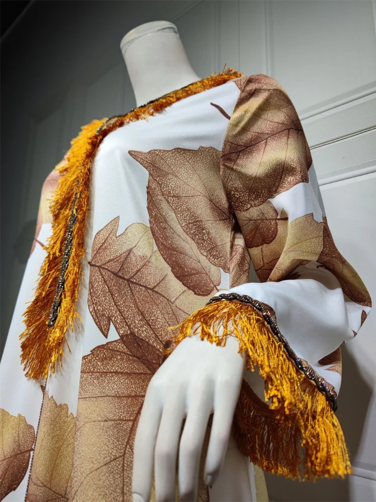 Ramadan Jalabiya Dress Elegant Casual Leaf Print Fashion Feather Sleeve Long Dresses Dubai Abaya Luxury For Muslim Women