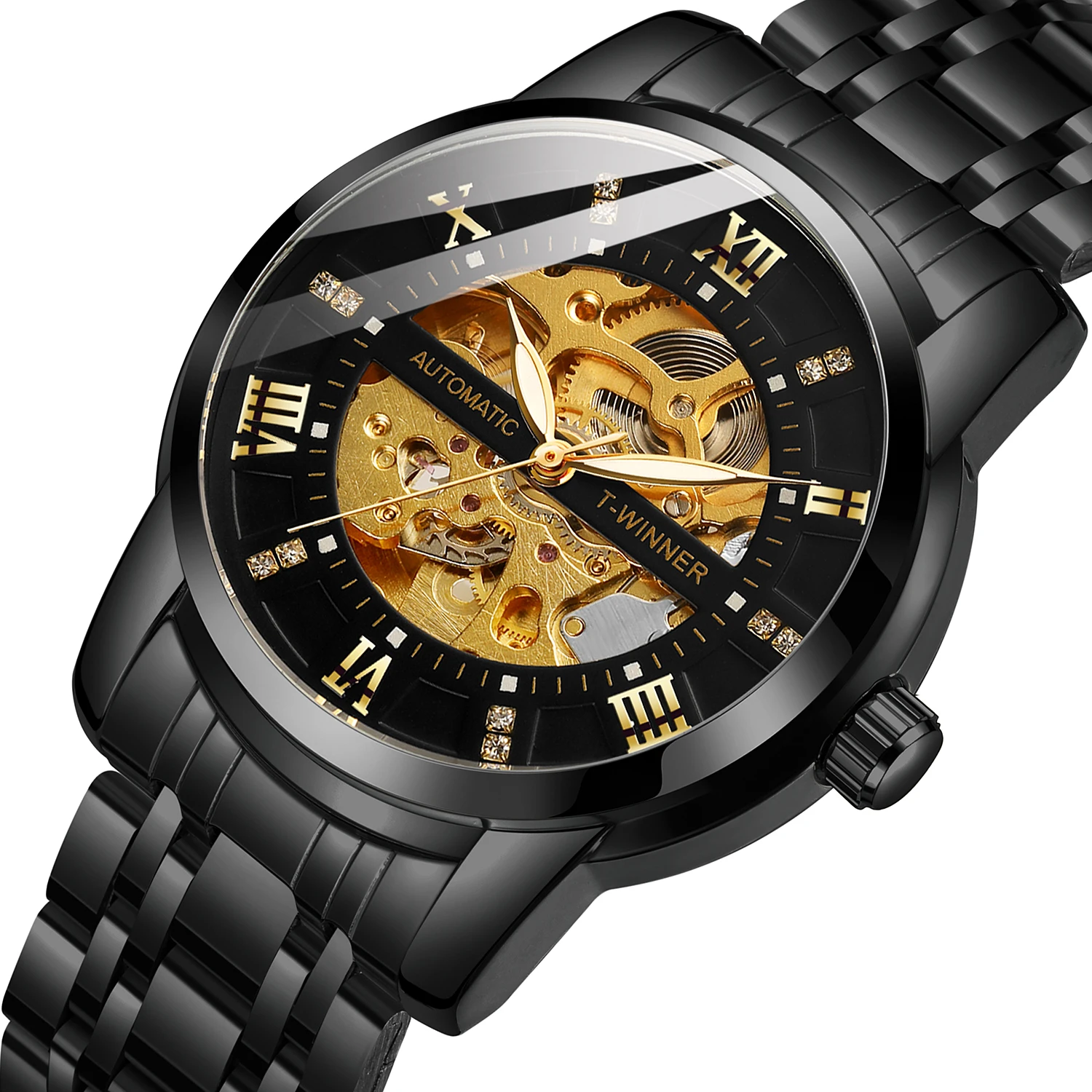 

Classic Golden Black Skeleton Mechanical Watches for Men Fashion Diamond Dial Luxury Stainless Steel Strap Automatic Watch