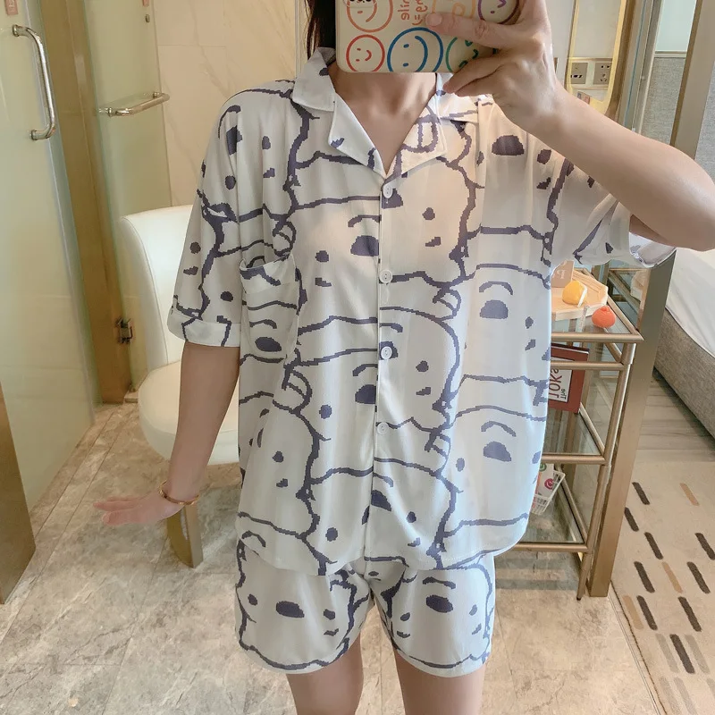 

New Summer Pajamas Women's Short Sleeve Shorts Girls' Cardigan Sweet and Cute Plaid Two Piece Korean Home Furnishing Set