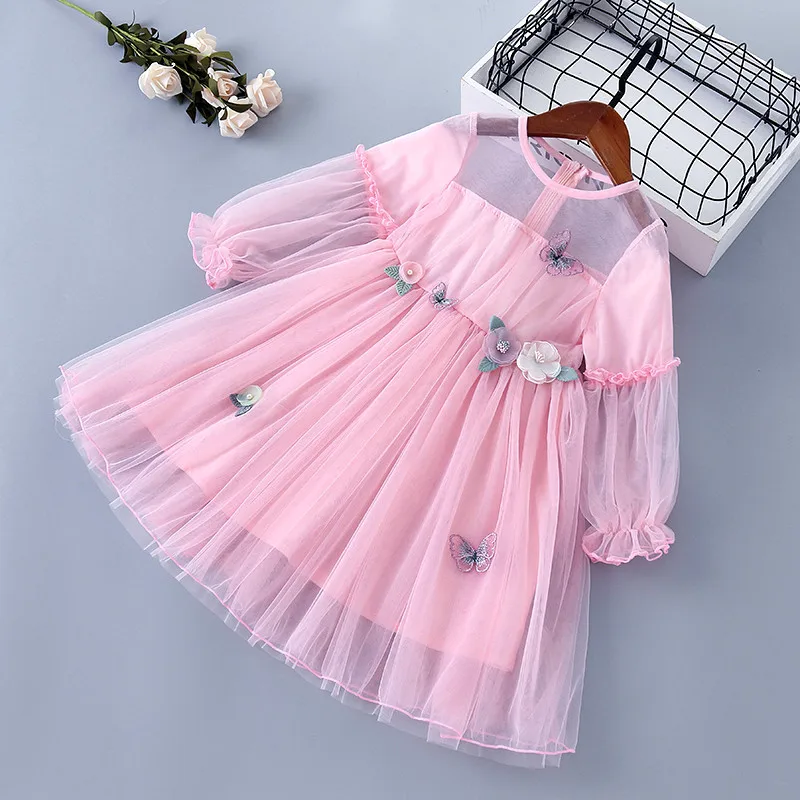 

Baby Girl One-piece Dress Spring Autumn Net Gauze Puffy Dresses Fashion flower Puff Sleeve Skirt 2-7 Years children Casual Wear