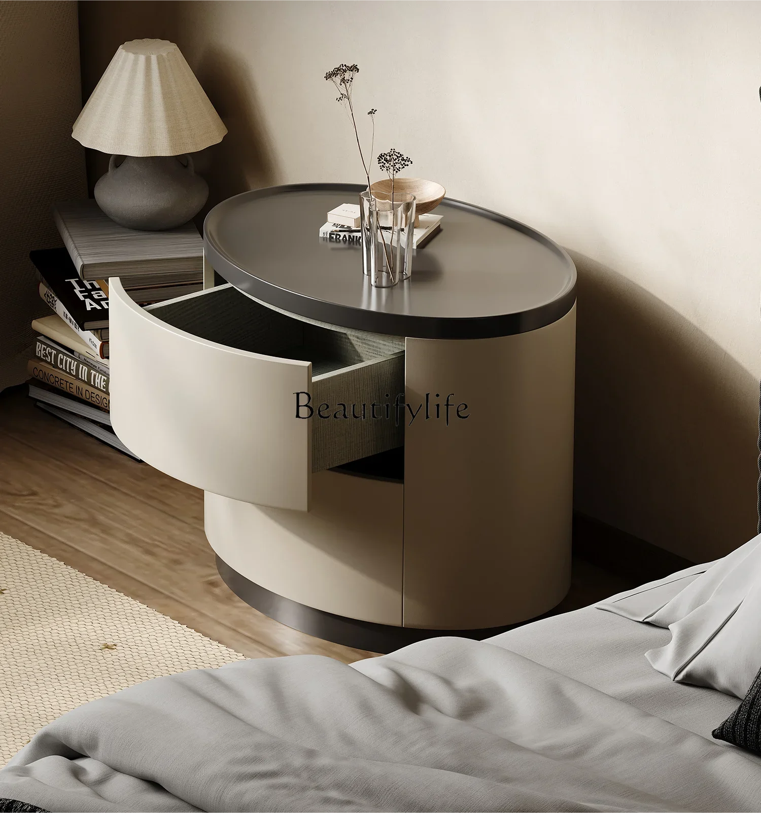 Современный минималистичный овальный прикроватный шкаф из массива дерева