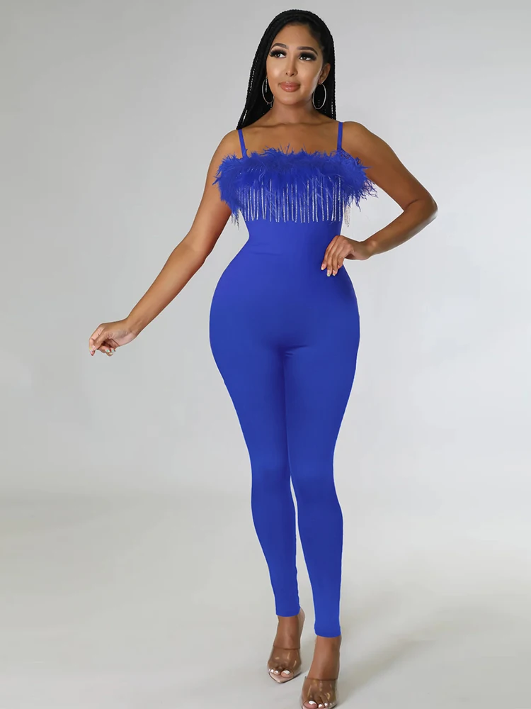 Womens Jumpsuit Elegant Fashion Spaghetti Strap Sleeveless Backless Fitness Bodycon Outfits Comfy Feather Tassel Spliced Rompers
