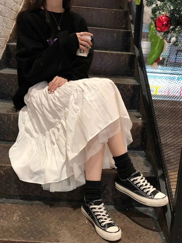 Maxi Skirt Long Skirts for Women Skirts Harajuku Korean Style Skirts White Black for Teenagers High Waist Skirt School Skirts