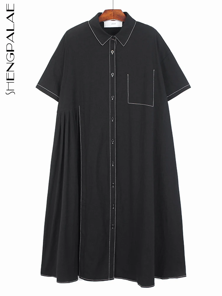 

SHENGPALAE Simple Temperament Open Line Design Loose Thin A-line Dress Single Breasted Black Female Dresses 2022 Summer New 5Q25