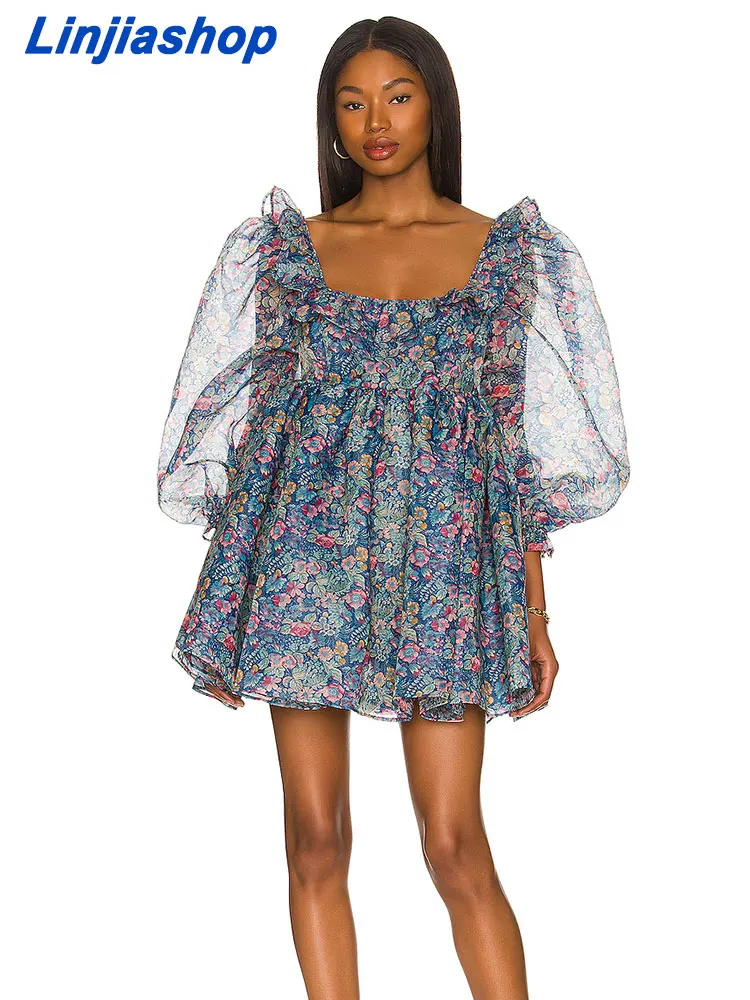 

2022 Summer Square Neck Short Sleeve Vocation Beach Women Mesh A-line Dress