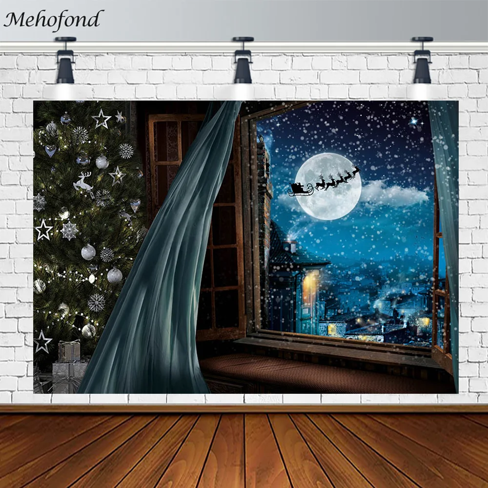 

Mehofond Silver Christmas Tree Photography Background Wood Window Night Moon Santa Claus Reindeer Snowflake Backdrop Photophone