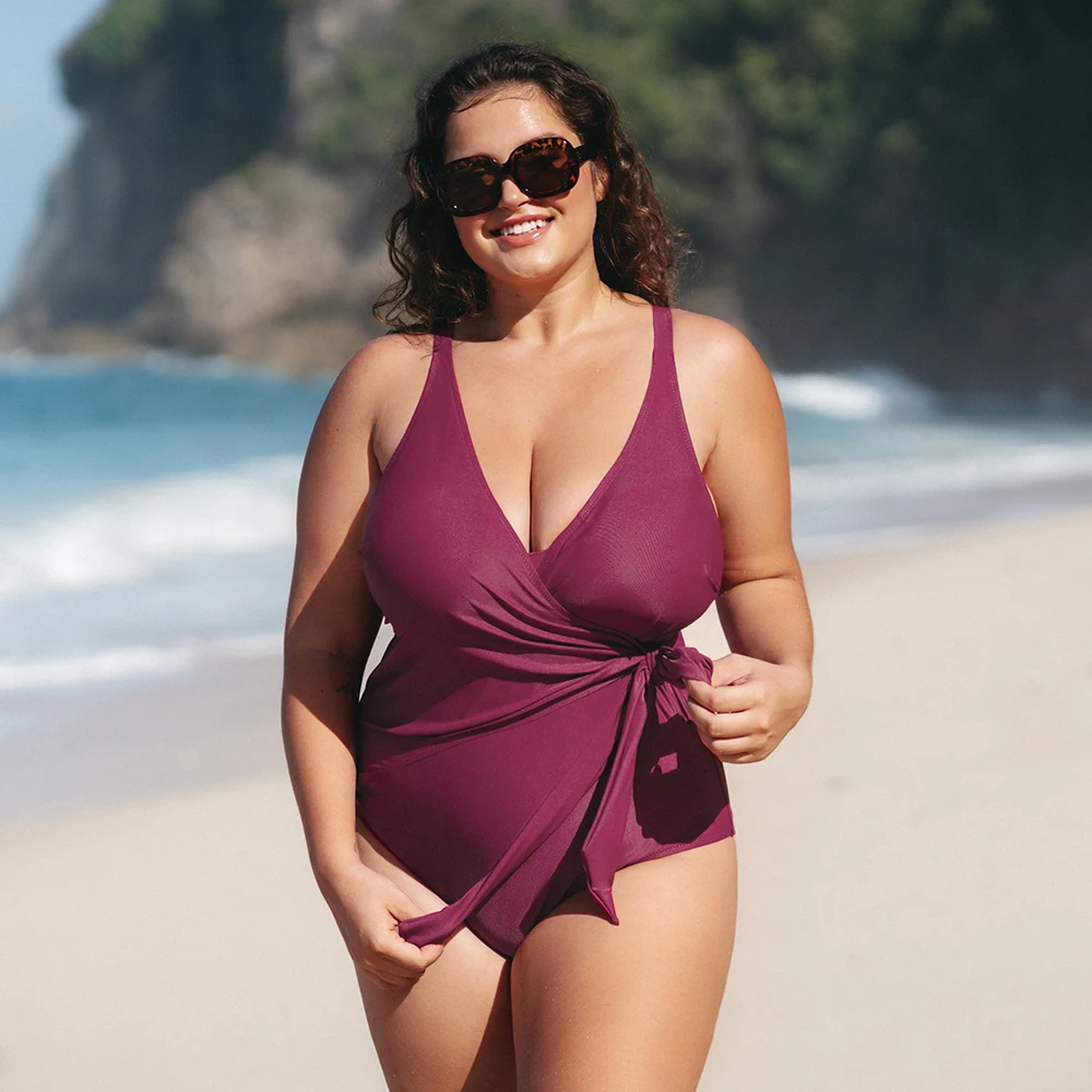 

Plus Size Burgundy V-neck Side Tie One Piece Swimsuit Women Large Size Sexy Female Monokini Bathing Suit 2022 New Beach Swimwear
