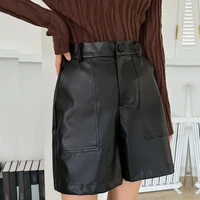 2022 women fashion pu leather button pockets wide leg shorts bermuda elastic waist loose five points faux leather trouser shorts