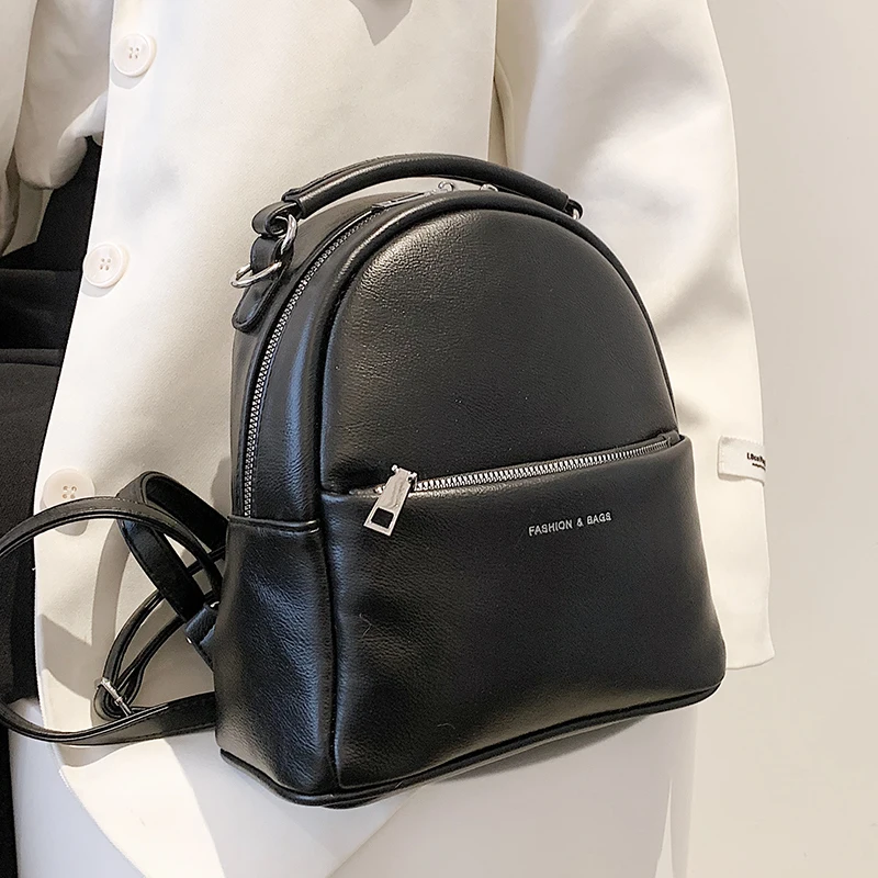 

Daily Casual Women's Leather Backpack Minimalist Solid Color Small Zip Backpacks for Women 2022 Trend Female Shoulder Bag