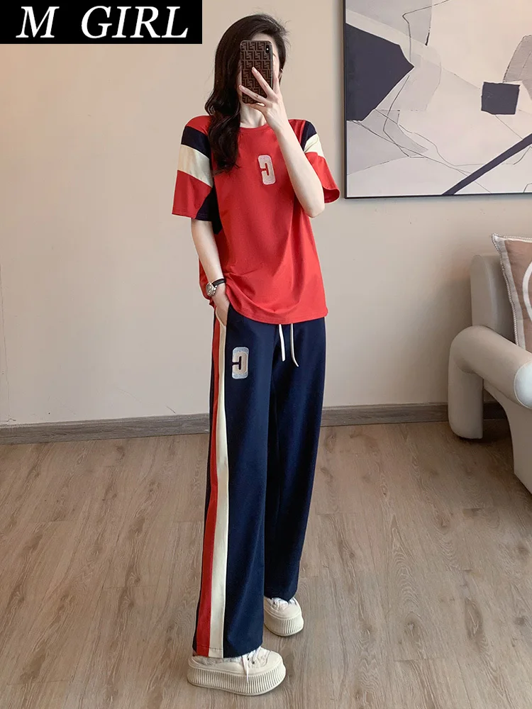 

M GIRLS Korean Cotton Casual Sports Suit Women 2023 Summer O Neck Contrast Short Sleeved T Shirt+Wide Leg Trousers Two Piece Set