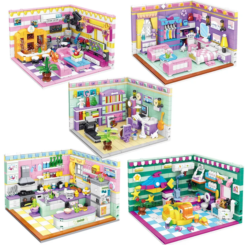 

House Model Architecture City Building Blocks complete set of living room and study Kitchen Bathroom Bedroom Diy For Girls Toy