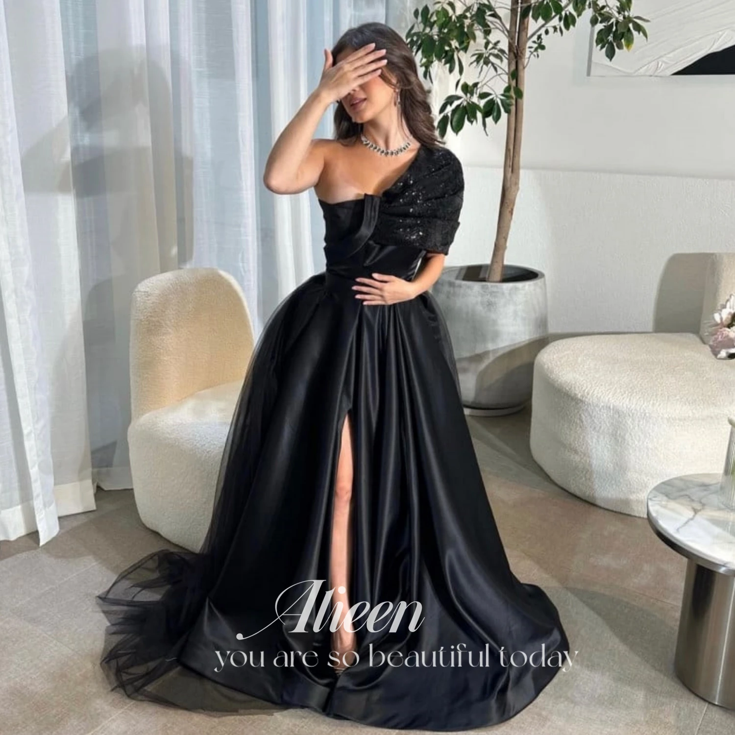 

Атласное женское платье Aileen, элегантное вечернее элегантное роскошное черное платье-трапеция для гостей свадьбы, женские платья для торжества и бала