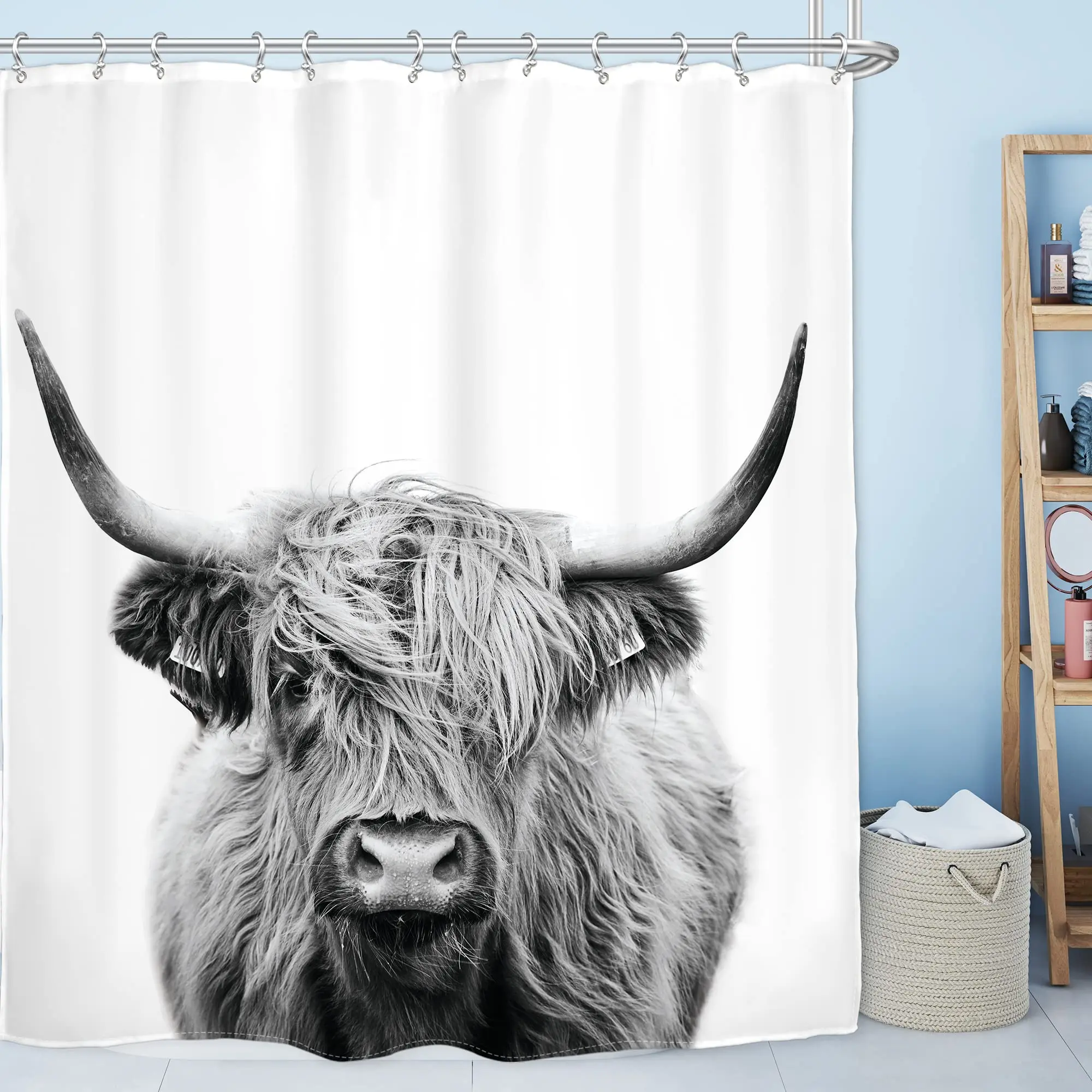 

Highland Cow Bull Shower Curtain Naked Grey Funny Cute Modern Fashion Polyester Fabric Waterproof with Hooks Western Farmhouse