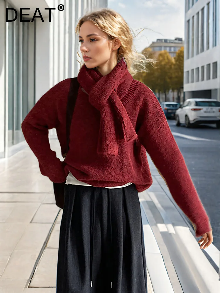 DEAT модный женский вязаный пуловер с v-образным вырезом свободный винно-красный