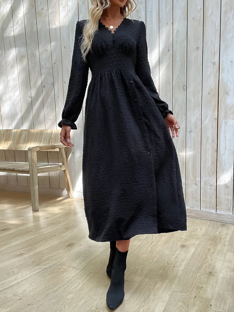 

Benuynffy V-neck Swiss Dot Elegant Long Dress Women Spring Fall Black Long Sleeve Buttons Split Party A-Line Dresses 2023 New