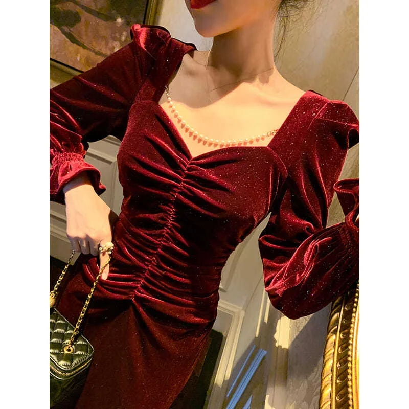 

2021 Autumn Evening Party Velvet Dress Female Elegant Vintage One Piece Dress Korea Women Casual Long Sleeve Fishtail Midi Dress