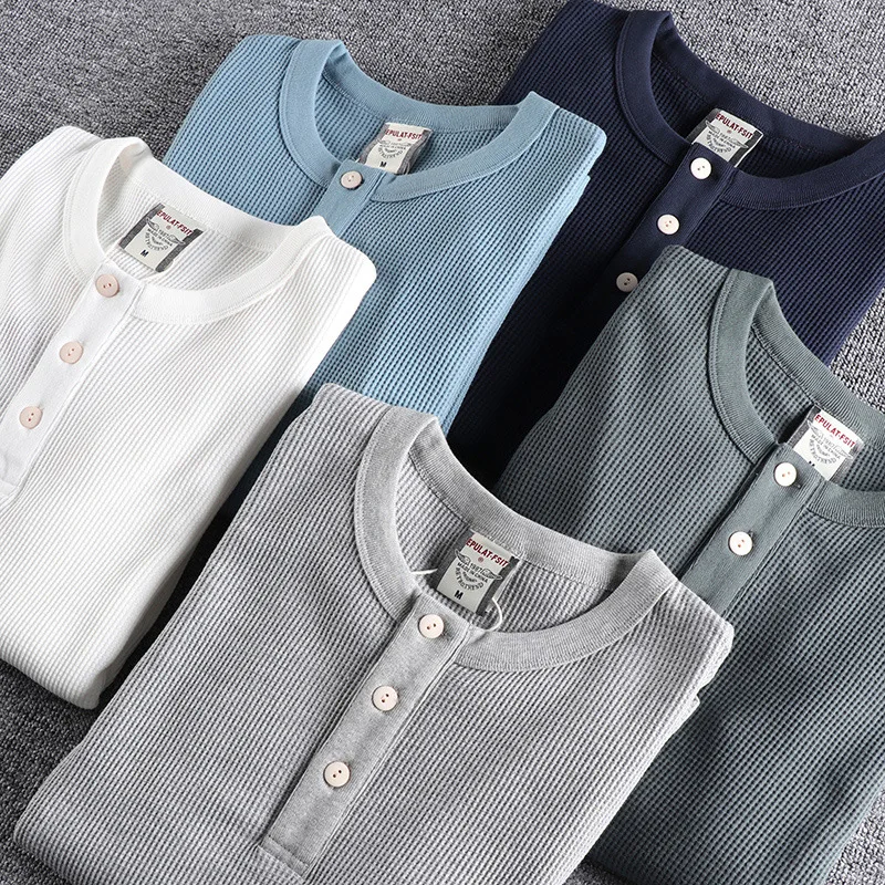 Мужская хлопковая футболка с вафельным воротником в стиле ретро - купить по