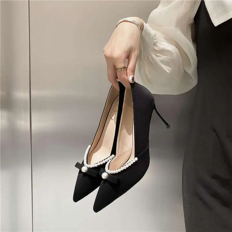 

Shoes for Women 2023 Stilito with Medium Heels Ladies Summer Footwear Pointed Toe Bow Evening Pearl on Sale Young Chic Point E A