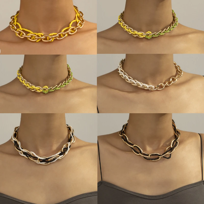 

New Bohemian Creative Choker Necklace Punk Style Fashion Alloy Color Rice Beads Splicing Multi-layer Chain Neck for Women