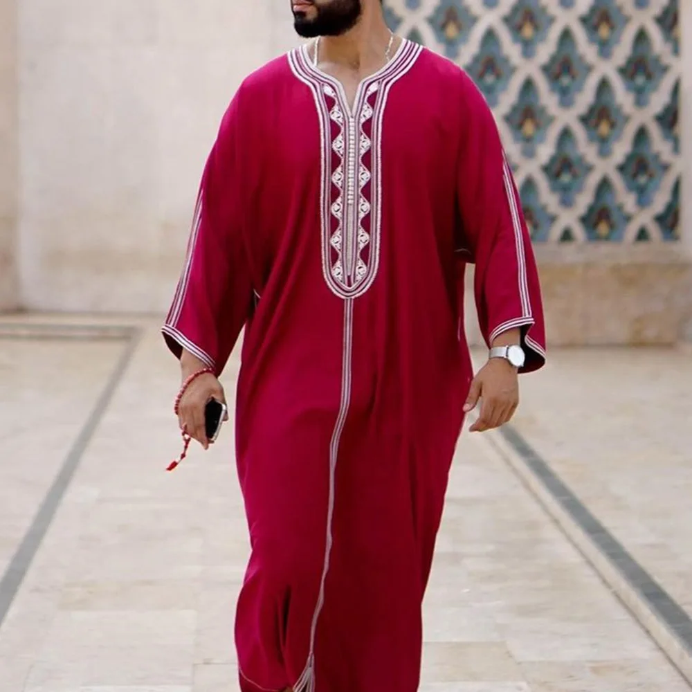 2022 Summer New Red National Style Men's Long Shirt Muslim Robe Pullover Islamic Clothing De Moda Musulmana Arabic Abaya Mens
