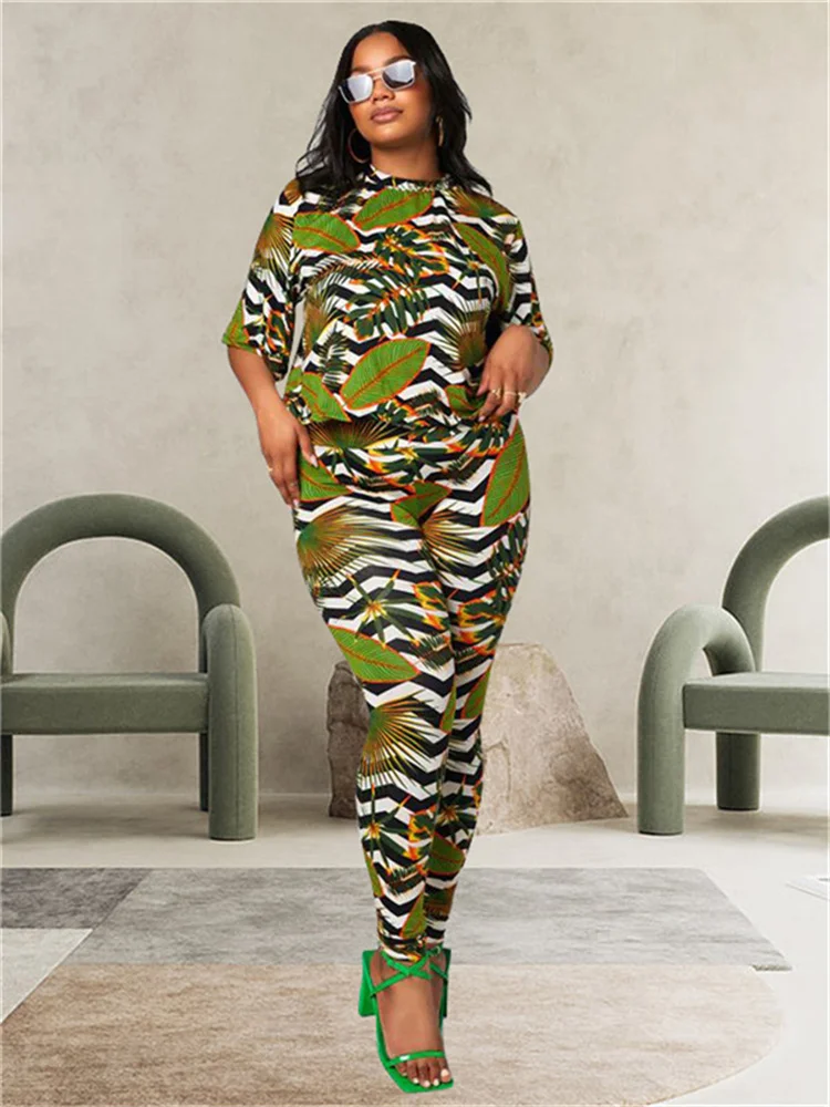 Plus Size Two Piece Outfits Women Summer Clothing Print Short Sleeve Casual Top and Pants New Matching 3xl 4xl 5xl 6xl