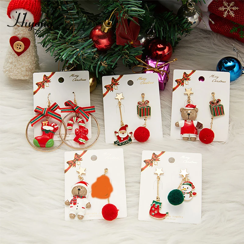 

Hot Sale Cute Christmas Hook Earring Tree Brown Bear Snowman Santa Claus Pendientes Downy tassel Christmas Drop Earring Gift