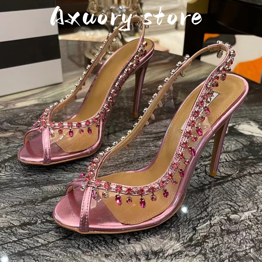 2023 New Women Stiletto Thin High Heels Crystal Pumps Sexy Peep Toe Wedding Bridals Shoes Glass Slipper